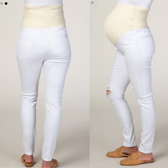 PinkBlush White Distressed Maternity Full Panel Skinny Jeans - Picture 2 of 9
